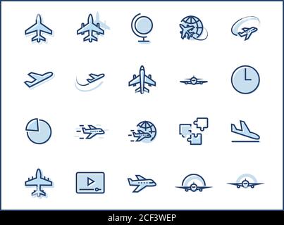 Set of Plane vector line icon. It contains symbols to aircraft, globe and more. Editable Stroke. 32x32 pixels. Stock Vector