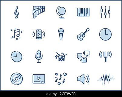 Set of Music Related Vector Line Icons. Contains such Icons as Pan Flute, Piano, Guitar, Treble Clef, In-ear and more. Editable Stroke. 32x32 Pixel Pe Stock Vector