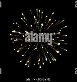 Fireworks gold. Beautiful golden fireworks on black background. Bright decoration Christmas card, Happy New Year celebration, anniversary, festival. Stock Vector