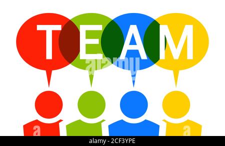 EPS vector illustration of four different colored team people with speech bubbles over their head and text teamwork Stock Vector