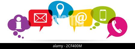 illustration of colored speech bubbles in a row with communication icons Stock Vector