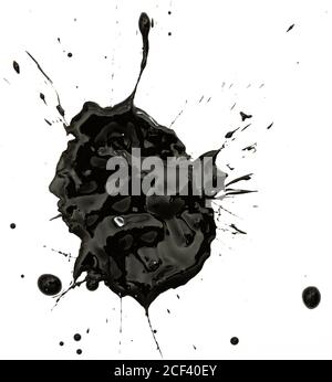 Closeup of shapeless black ink blot on white background Stock Photo