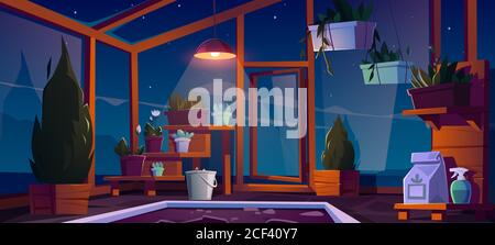 Glass greenhouse with plants, trees and flowers at night. Vector cartoon interior of empty hot house for cultivation and growing garden plants in pots inside. Botanical nursery for greenery Stock Vector