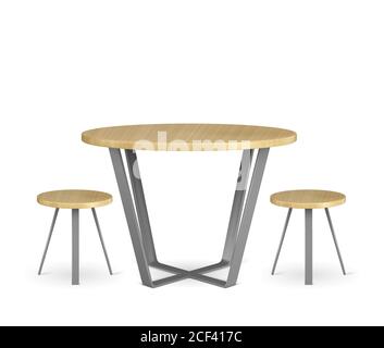 Round wooden table and circle chairs isolated on white background. Empty dining desk and pews with metal legs. restaurant, home, cafeteria furniture, modern wood interior decor realistic 3d vector set Stock Vector