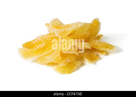 Dried ginger with sugar isolated on a white background. Front views, close-up Stock Photo