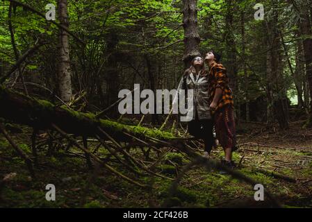 Young couple in casual outfits looking up while standing near mossy fallen tree in green forest Stock Photo
