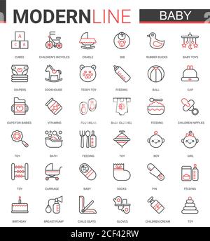 Baby care flat web icon vector illustration set. Red black thin line design of items symbol for newborn infant child, baby accessories, clothes and toys. Maternity and childhood outline collection Stock Vector