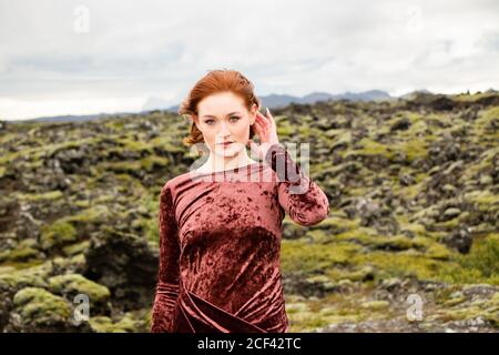 Fashion In Unusal Place Iceland Lava And Moss Stock Photo Alamy