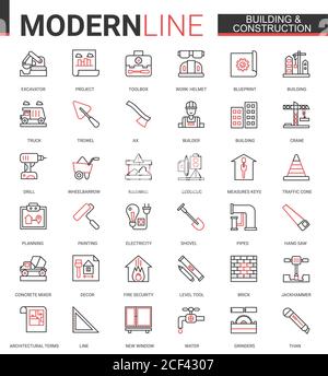 Building construction thin red black line icons vector illustration set, outline constructing website symbols collection with builders tools and crane equipment, city architecture development Stock Vector