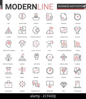 Business motivation thin red black line icon vector illustration set with motivational outline symbols for productivity of financial processes, teamwork business planning, communication training Stock Vector