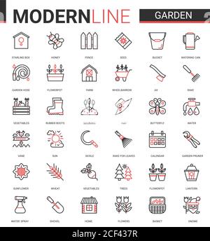 Garden farm tools flat icon vector illustration set. Red black thin line gardening or landscaping accessories for gardener farmer worker, agriculture equipment collection of outline pictogram symbols Stock Vector