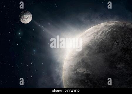 Spectacular outer space background including Earth planet and moon with stars during sunrise Stock Photo