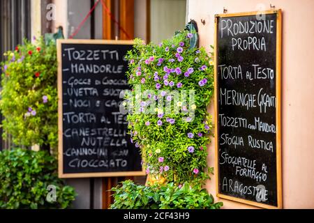 Castiglione del Lago, Italy - August 28, 2018: Restaurant cafe menu sign in Italian on street outside in small town village in Umbria during summer da Stock Photo