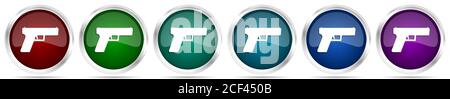 Gun icon. Metallic internet button on black background Stock Photo - Alamy