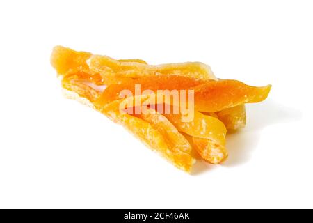Dried melon slices isolated on white background. Front views, close-up Stock Photo