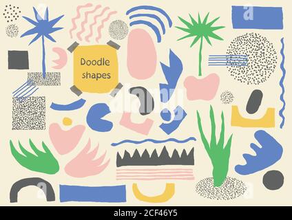 Big set of hand drawn various colorful shapes and doodle objects. Abstract contemporary modern trendy vector illustration. Flat abstract design. Conte Stock Vector