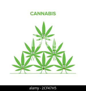 Cannabis, marijuana flat design concept. Cartoon funny character. Funny smiling happy marijuana. Green leaves icon. Vector illustration isolated on a Stock Vector