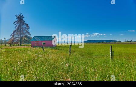 Old homestead in alpine meadow with the Grand Teton mountains in the distance. Stock Photo
