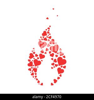 Fire from the hearts. Red flame made of silhouettes of hearts. The logo with the image of a fiery heart. Vector illustration Stock Vector