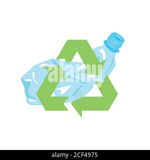 Recycle sign with crumpled plastic bottle isolated on a white background. Stop plastic pollution. Vector illustration Stock Vector