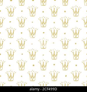 Golden crown with dots seamless pattern. Hand drawn crown on a white background Stock Vector