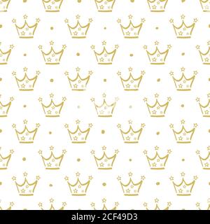 Golden crown with stars and dots seamless pattern. Hand drawn crown on a white background. Stock Vector