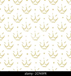 Golden crown with dots seamless pattern. Hand drawn crown on a white background Stock Vector