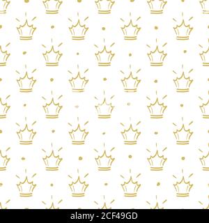 Golden crown with dots seamless pattern. Hand drawn crown on a white background Stock Vector