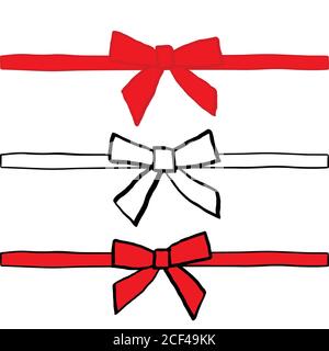 Hand drawn bows collection, ribbon, decoraton. Ribbon bow black and color outline. Vector Illustration Isolated on white background. Stock Vector