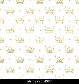 Golden crown with stars and dots seamless pattern. Hand drawn crown on a white background Stock Vector