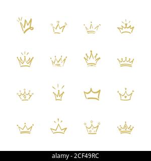 Crown logo graffiti hand drawn icon. Black elements isolated on white background. Hand drawn set of different crown and tiara for princess.Vector illu Stock Vector