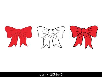 Hand drawn bows collection, ribbon, decoraton. Ribbon bow black and color outline. Vector Illustration Isolated on white background. Stock Vector