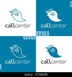 Call center logo design. Abstract bird in headphones and microphone. Abstract support service symbol. Stock Vector