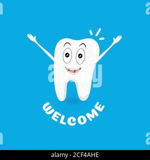 White and healthy tooth welcomes visitors. Happy and healthy smile. Cartoon character hands up. Can be used for posters, banners and other advertising Stock Vector