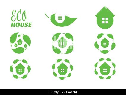 Eco house leaf logo. Icon set circle shape. Healthy lifestyle concept. Symbols for eco real estate. Vector illustration. Stock Vector