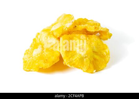Dried candied pineapple rings isolated on white background. Front views, close-up Stock Photo