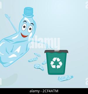 Stop plastic pollution, agitation poster.Ecological concept poster with funny cartoon character from crumpled plastic bottle. Sign recycle garbage. Pl Stock Vector