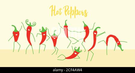 Funny cartoon chili peppers dancing. Modern flat design. Positive characters are suitable for festivals, hot parties, posters and banners. Vector illu Stock Vector