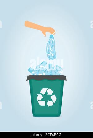 Stop plastic pollution, agitation poster.Ecological concept poster with funny cartoon character from crumpled plastic bottle. Sign recycle garbage. Pl Stock Vector