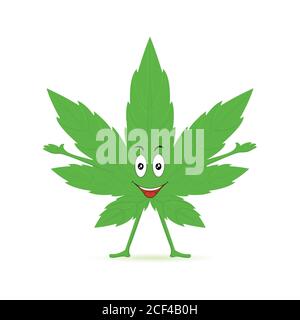Cannabis cartoon fun character. Funny smiling happy marijuana weed green leaf face. Medical, ganja cannabis. Vector illustration Isolated on white bac Stock Vector