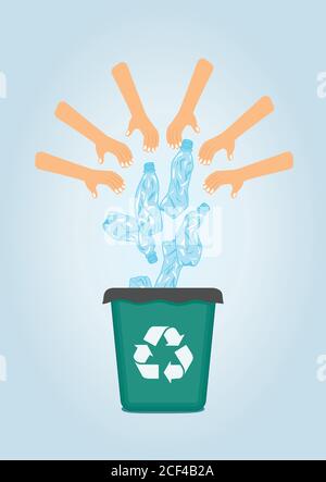 Stop plastic pollution, agitation poster.Ecological concept poster with funny cartoon character from crumpled plastic bottle. Sign recycle garbage. Pl Stock Vector