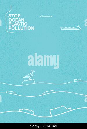 Stop the ocean of plastic pollution. Ecological concept poster on a blue background with texture. On the waves of the ocean float plastic bottles, gar Stock Vector