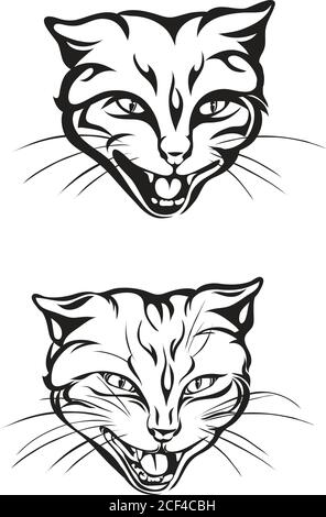Cat, head, grin, teeth, muzzle, vector, illustration, set, white, black, isolated, simple, icon, art, symbol, graphic, drawing, real time Stock Vector