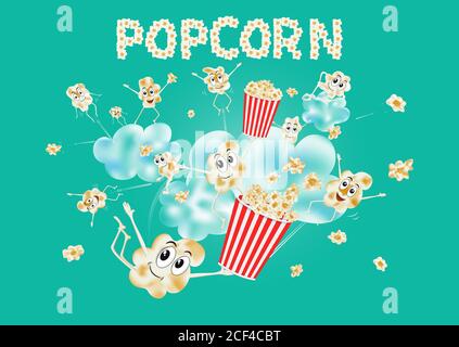 Popcorn on the clouds. Airy popcorn. Cartoon happy cute popcorn character for fastfood design. Vector illustration. Stock Vector