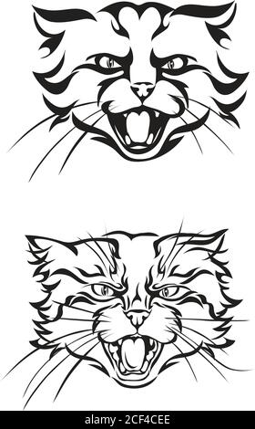 Cat, head, grin, teeth, muzzle, vector, illustration, set, white, black, isolated, simple, icon, art, symbol, graphic, drawing, real time Stock Vector