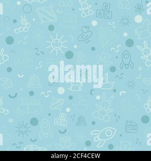 Children's seamless monochromatic festive pattern for packaging, textile, backdrop, print, wallpaper, and cover. The picture shows the icons of childr Stock Vector