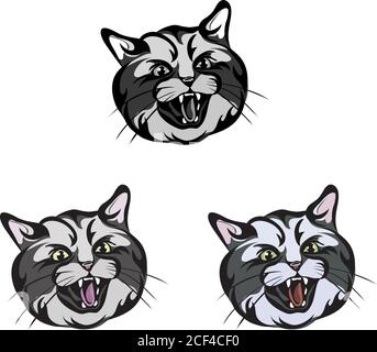 Cat, head, grin, teeth, muzzle, vector, illustration, set, white, black, isolated, simple, icon, art, symbol, graphic, drawing, real time Stock Vector