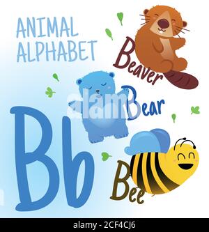 Animal alphabet in vector. P letter. Very cute cartoon animals Beaver, Bear, Bee. Stock Vector
