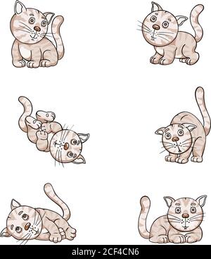 Cats, amusing kitten, funny images of a kitten in various poses,striped, funny, absurd, illustration, drawing, picture, vector, merry, cheerful, pet Stock Vector