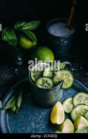 Cucumber detox drink with mint and lime Stock Photo